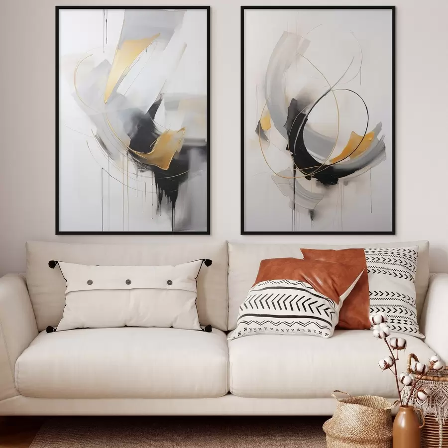 Fototapetes Abstrakta glezna ar dzelteniem, melniem un baltiem otu triepieniem, dinamiskām līnijām d01125