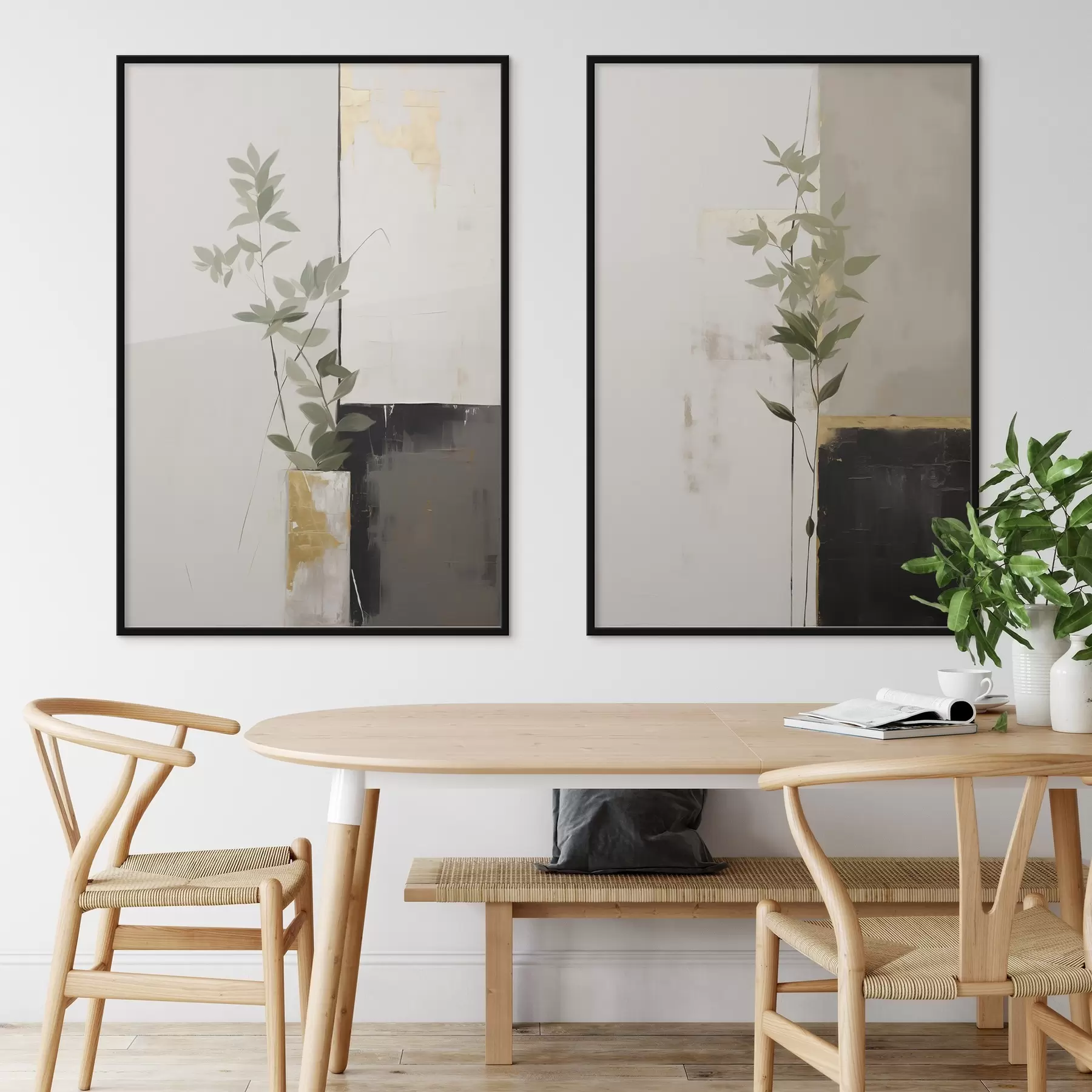 Fototapetes Minimālisma stilā veidota glezna, kurā attēlota vāze ar zaļām lapām uz abstraktu ģeometrisku figūru fona. d01126