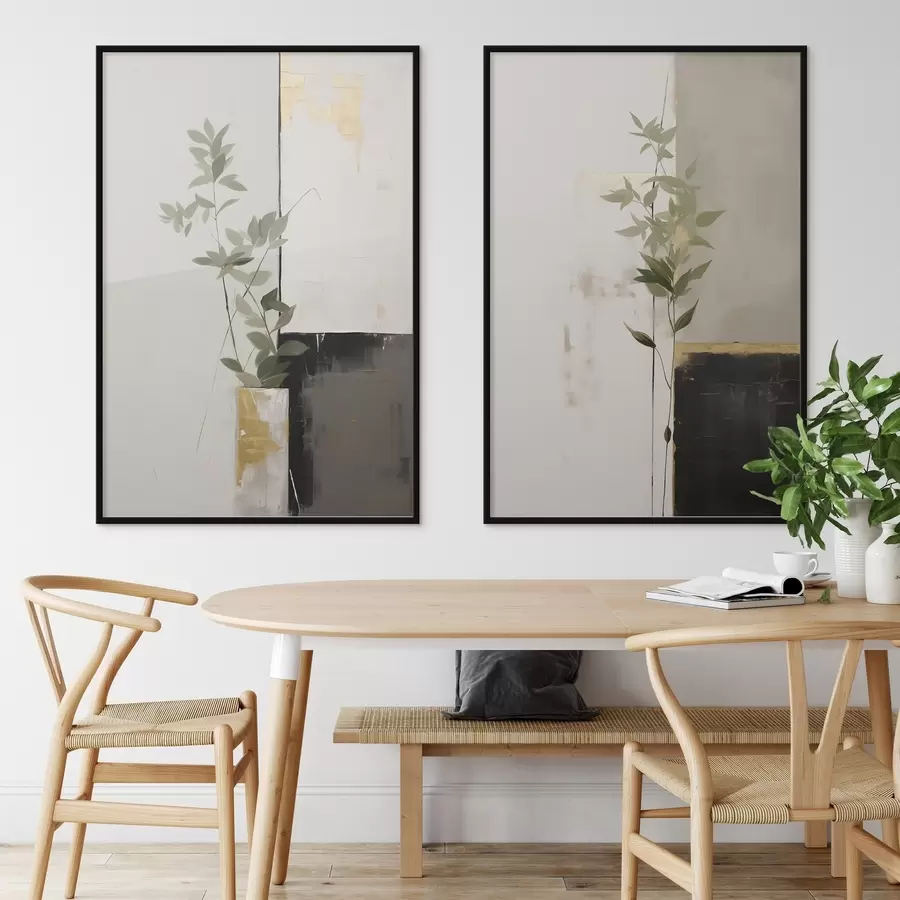 Fototapetes Minimālisma stilā veidota glezna, kurā attēlota vāze ar zaļām lapām uz abstraktu ģeometrisku figūru fona. d01126