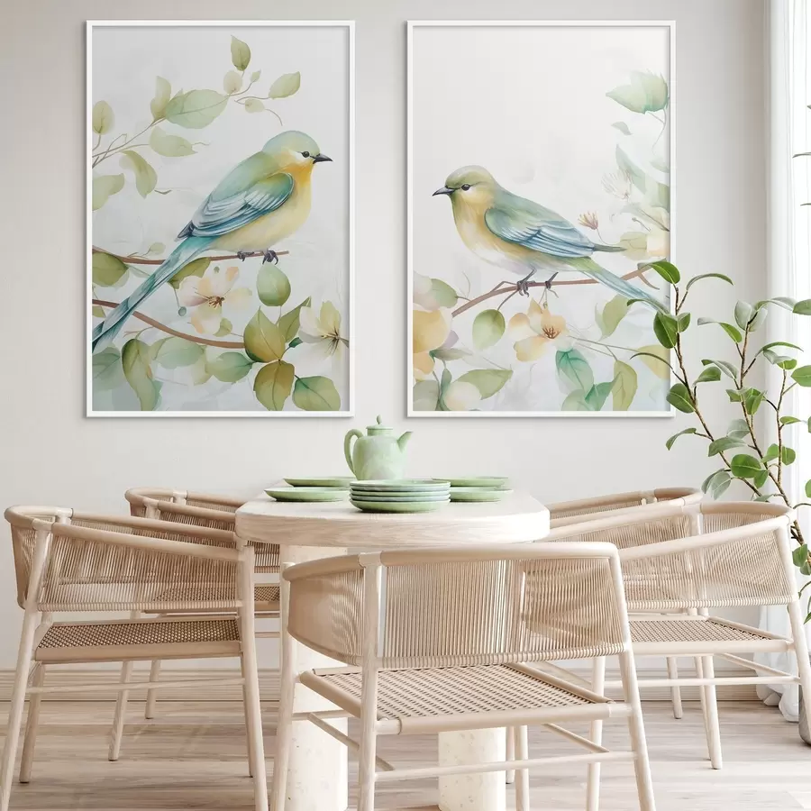 Fototapetes Divas zvirbuļveidīgās putniņas uz jasmīna zariem d01069