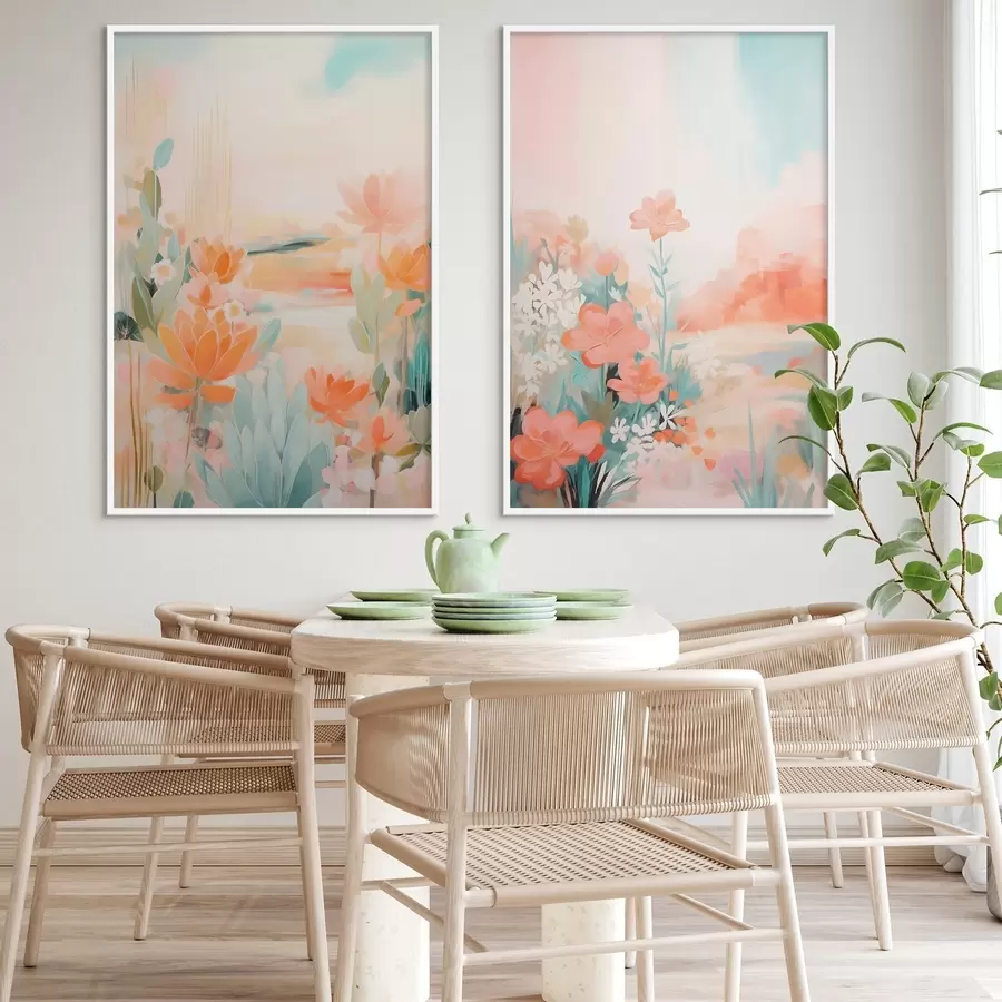 Fototapetes Ziedu motīvi pasteļtoņos uz gaiša miglas ielejas fona d01085