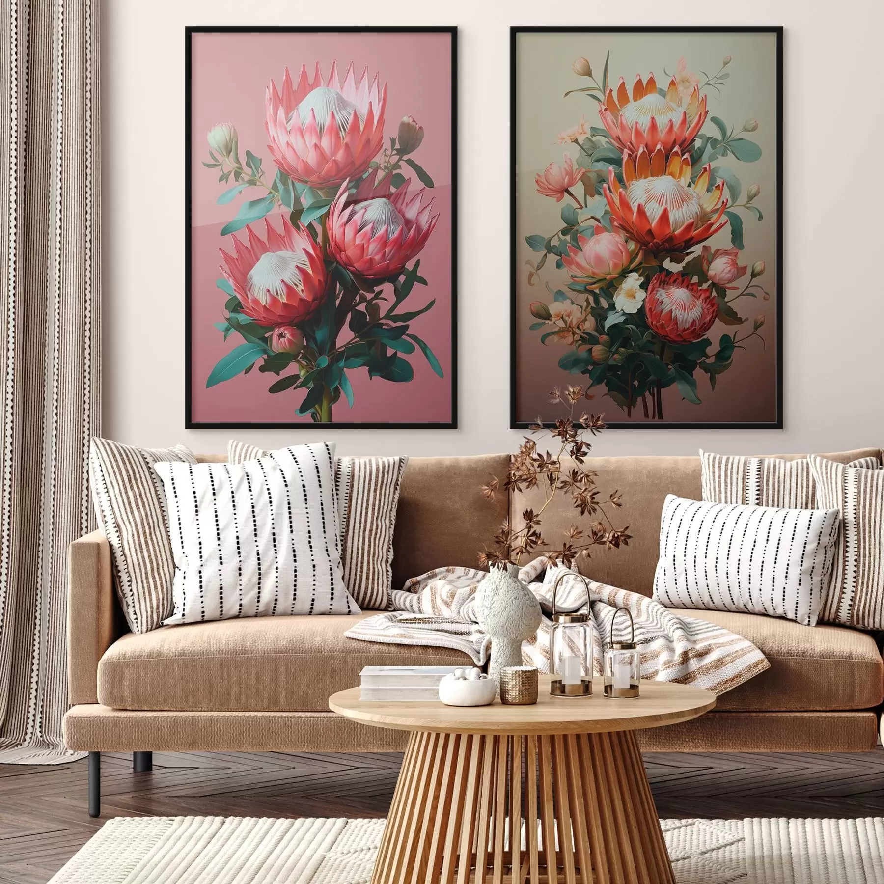 Fototapetes Proteas divos noskaņojumos: bagātīgs rozā fons un silts olīvu krāsu pārejas d01092