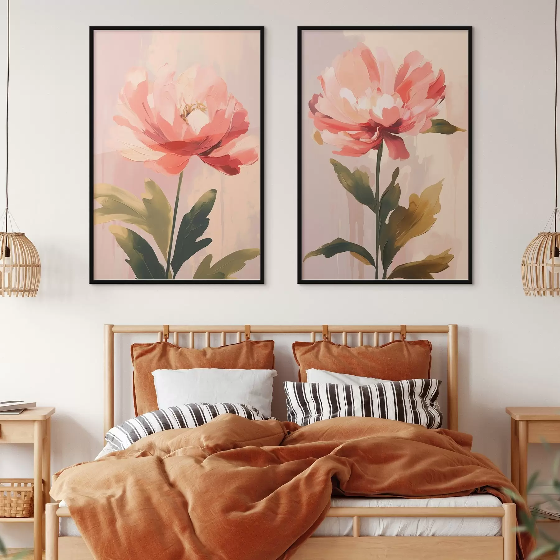 Fototapetes Pastelkrāsas peonijas uz garām kātiņām siltos rozā toņos d01093