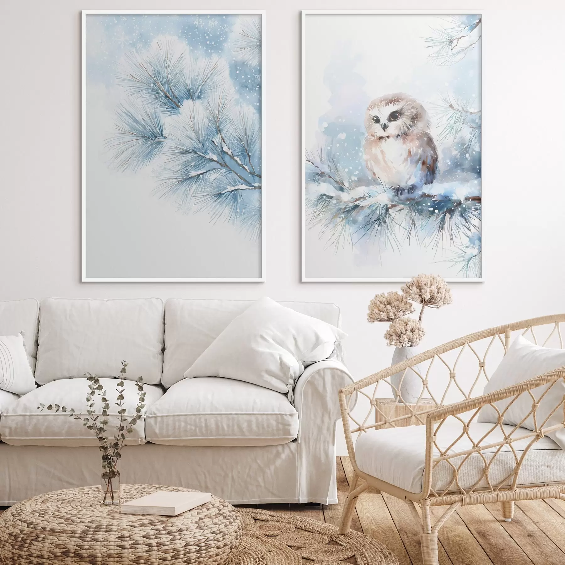 Fototapetes mīlīga pūce uz sniega klāta priežu zara akvareļa stilā d01168