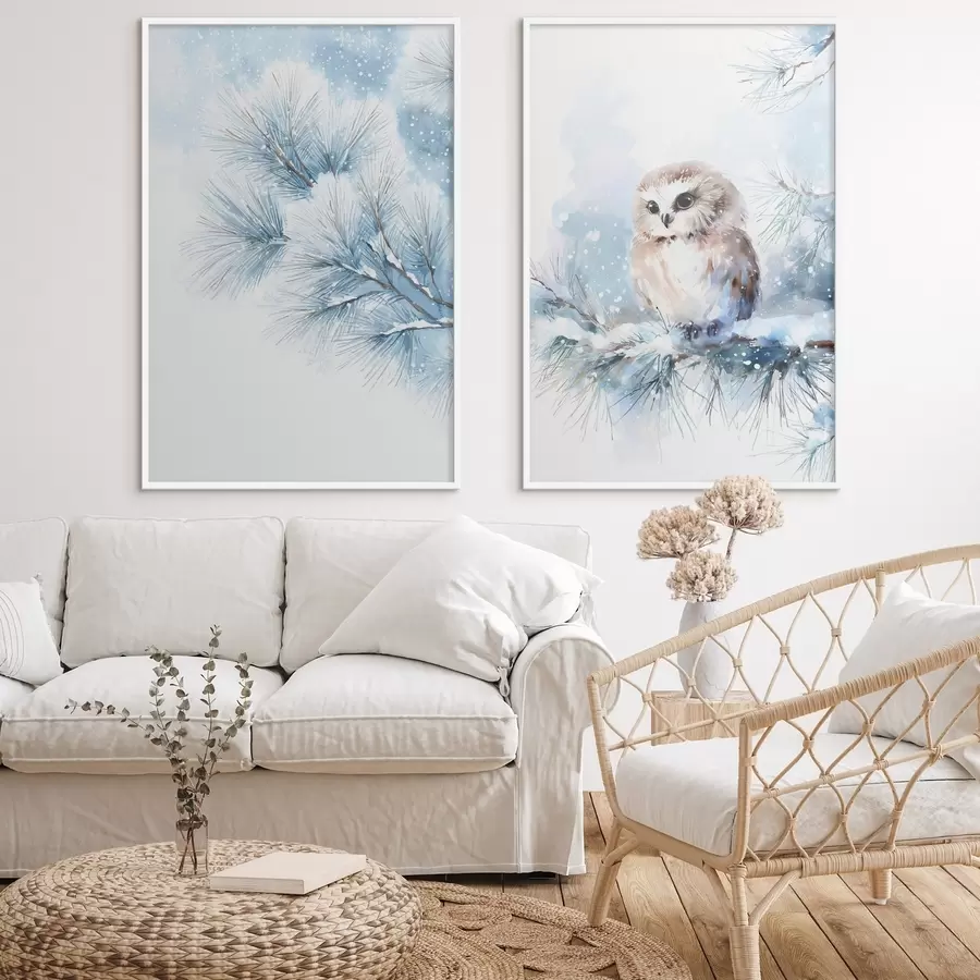 Fototapetes mīlīga pūce uz sniega klāta priežu zara akvareļa stilā d01168