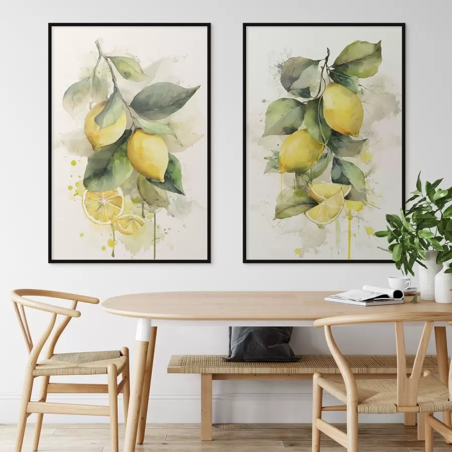 Fototapetes akvareļa stilā zīmēta zaru ar citroniem d01172