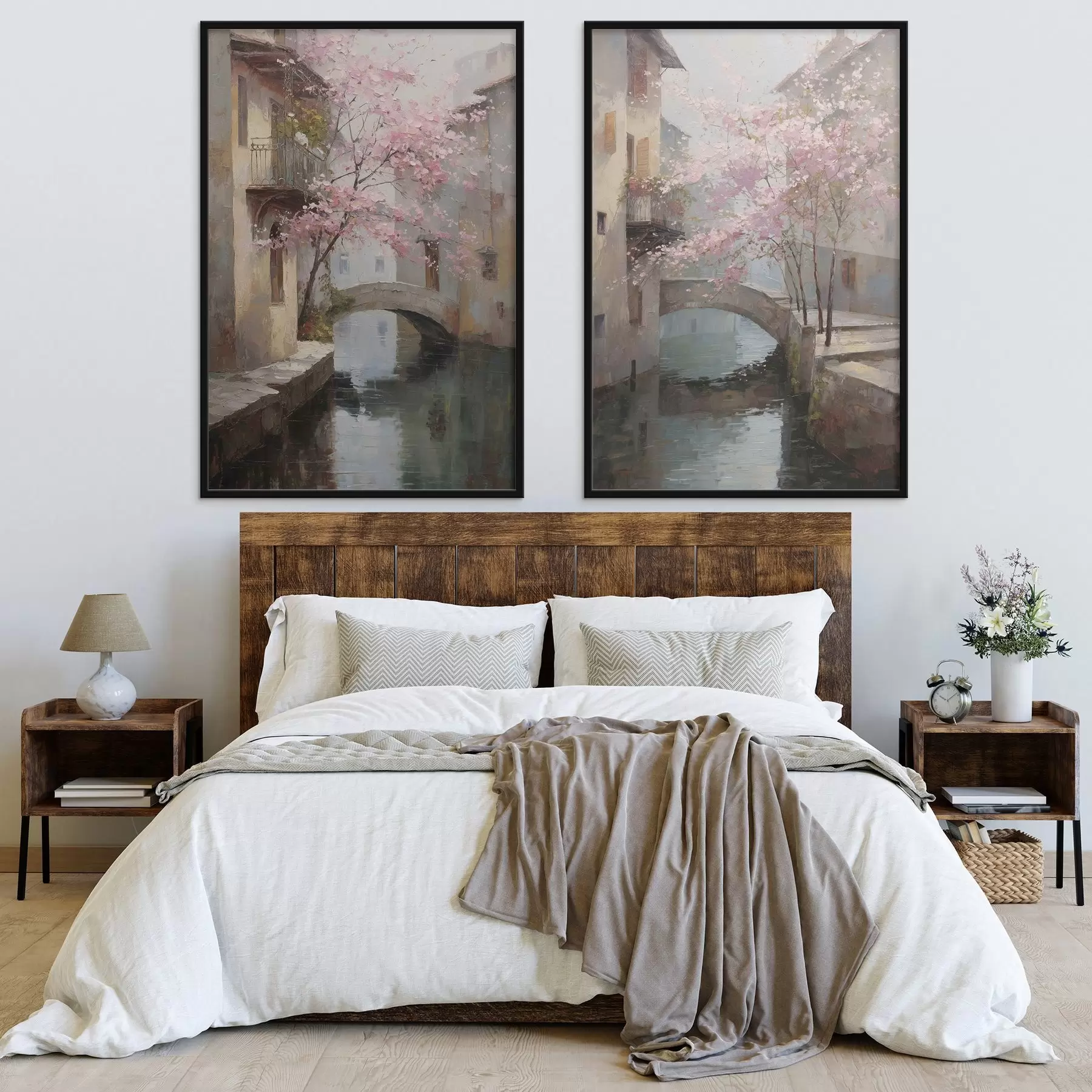 Fototapetes romantiska pilsētas ainava ar ziedošu koku eļļas gleznas stilā d01173