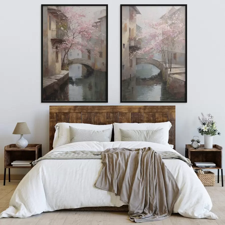 Fototapetes romantiska pilsētas ainava ar ziedošu koku eļļas gleznas stilā d01173