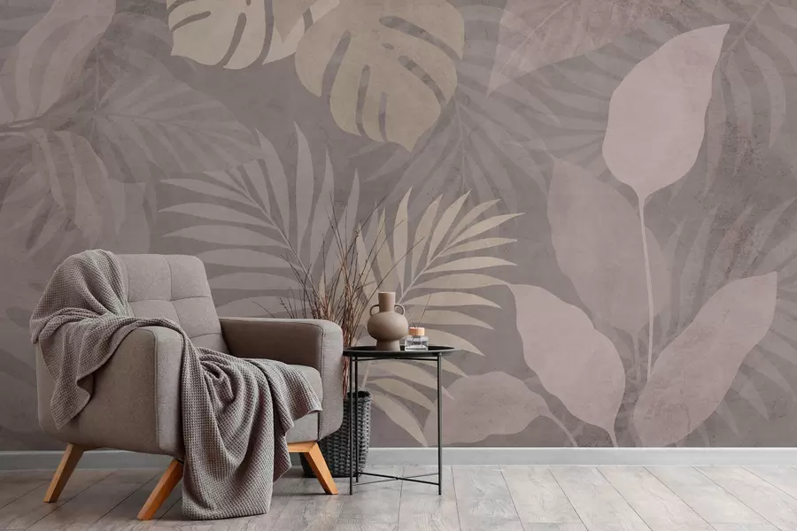 Fototapetes teksturētas tropu lapas uz pelēka fona w05063v1
