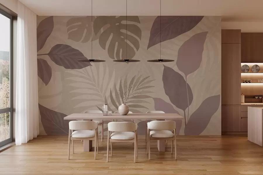 Fototapetes teksturētas tropu lapas uz smilšaina fona w05063