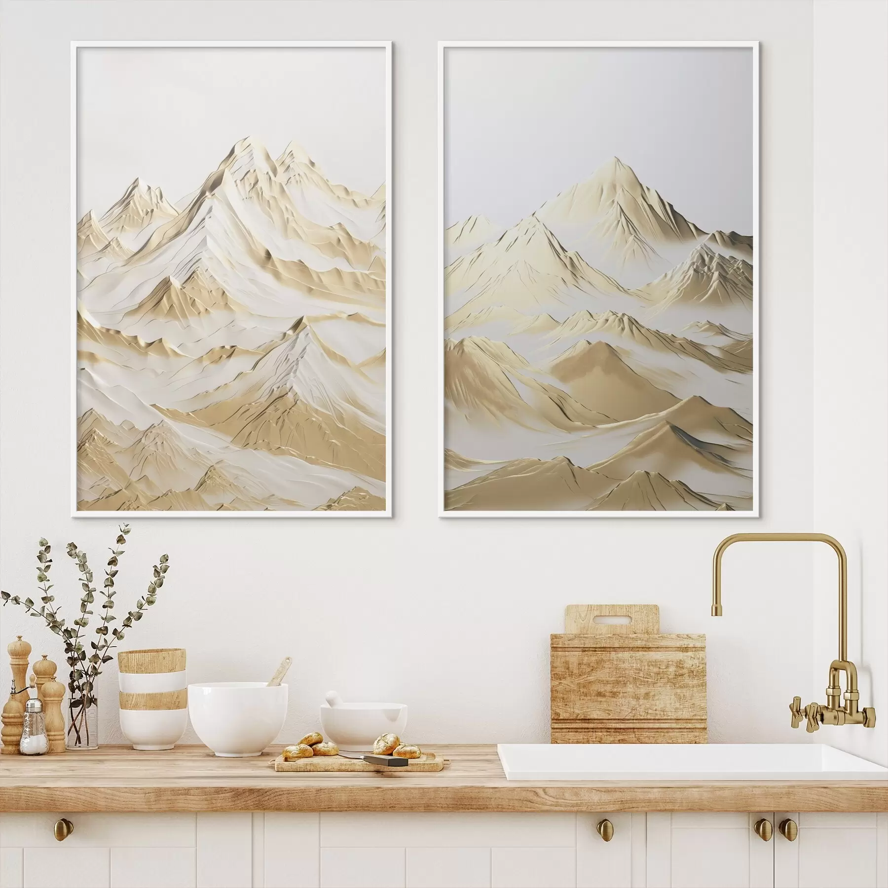 Fototapetes Dzeltena, sniega klāta kalnu ainava ar asiem virsotnēm un dziļām ielejām zem gaiša debesu velves d01236