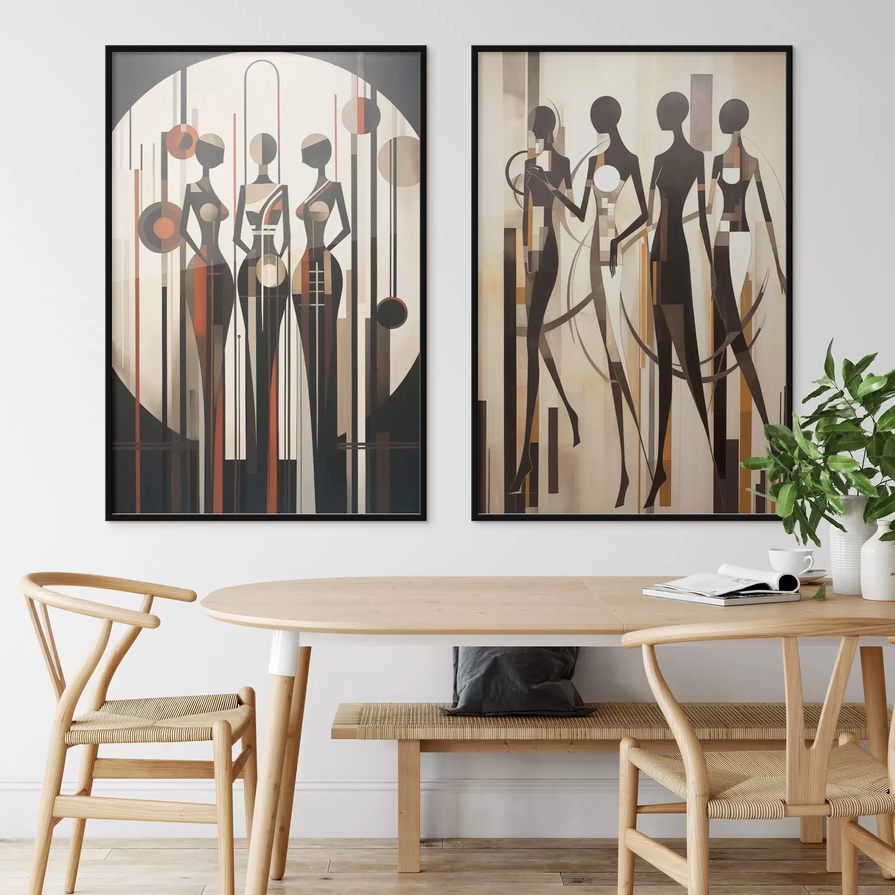 Fototapetes Stilizētas sieviešu figūras ar ģeometriskiem elementiem uz abstraktā vertikālu līniju un apļu fona d01237