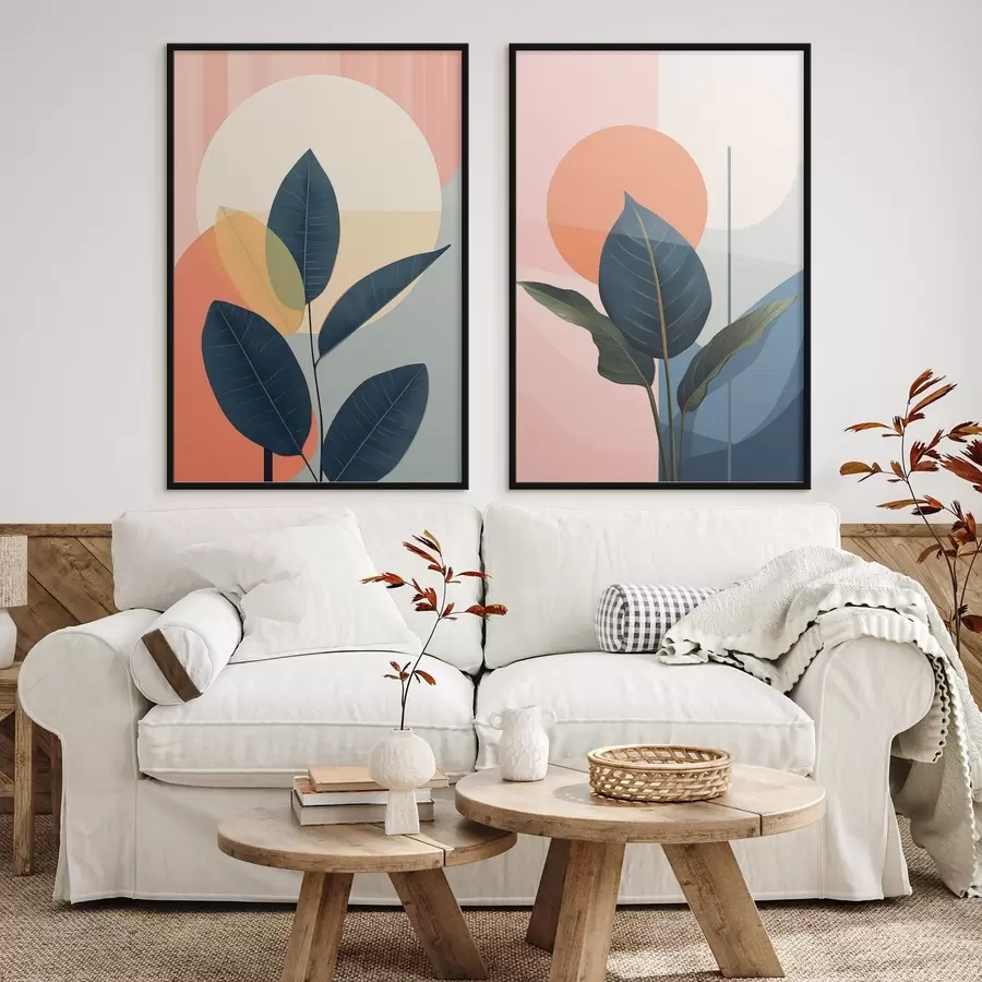 Fototapetes Tumšas lapas uz abstraktu figūru fona persiku un pelēkā krāsā ar lielu, gaiši dzeltenu apli d01238