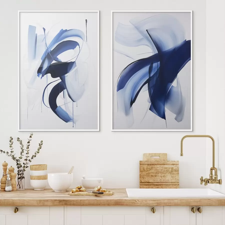 Fototapetes Abstraktas zilas, otu triepienu līdzīgas formas ar plūstošām līnijām un izliekumiem uz balta fona, modernā māksla d01240