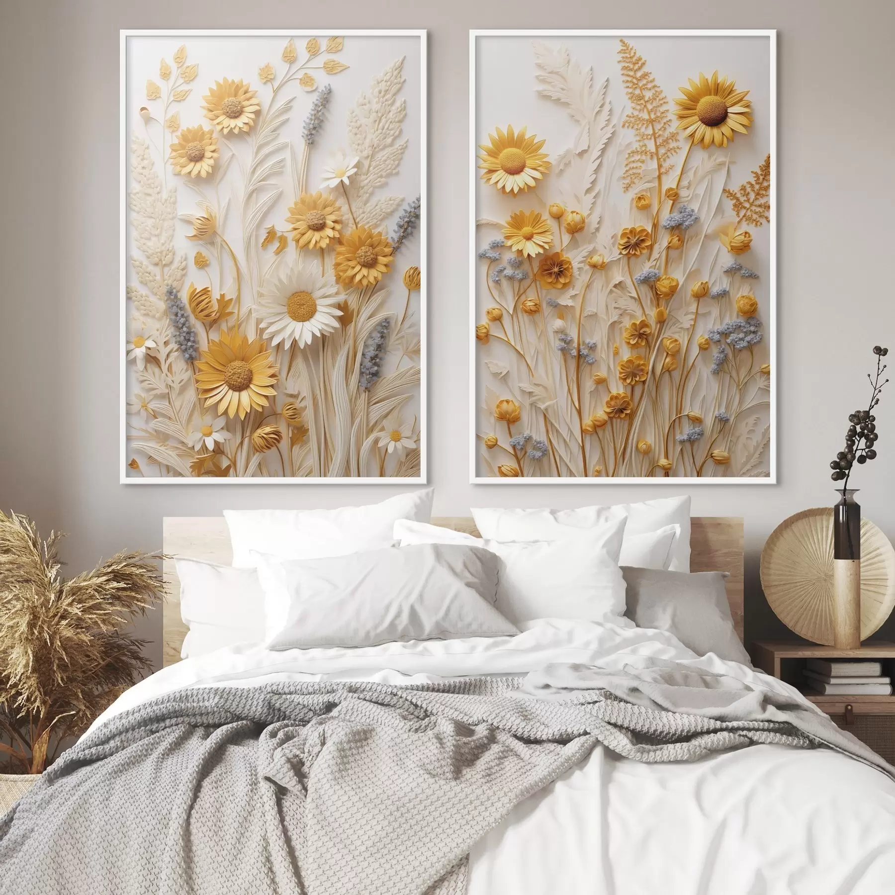 Fototapetes Teksturēta dzelteno un balto margarīšu kolekcija ar žāvētiem zāles stiebriem un lavandas zariņiem uz balta fona d01241