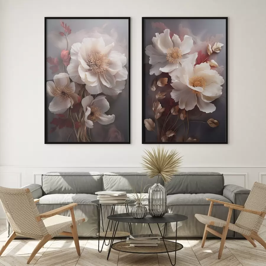 Fototapetes Delikātas peonijas ar plānām, plūstošām ziedlapām, apņemtas ar tumši sarkanām un dzeltenām lapām uz abstraktā fona d01243