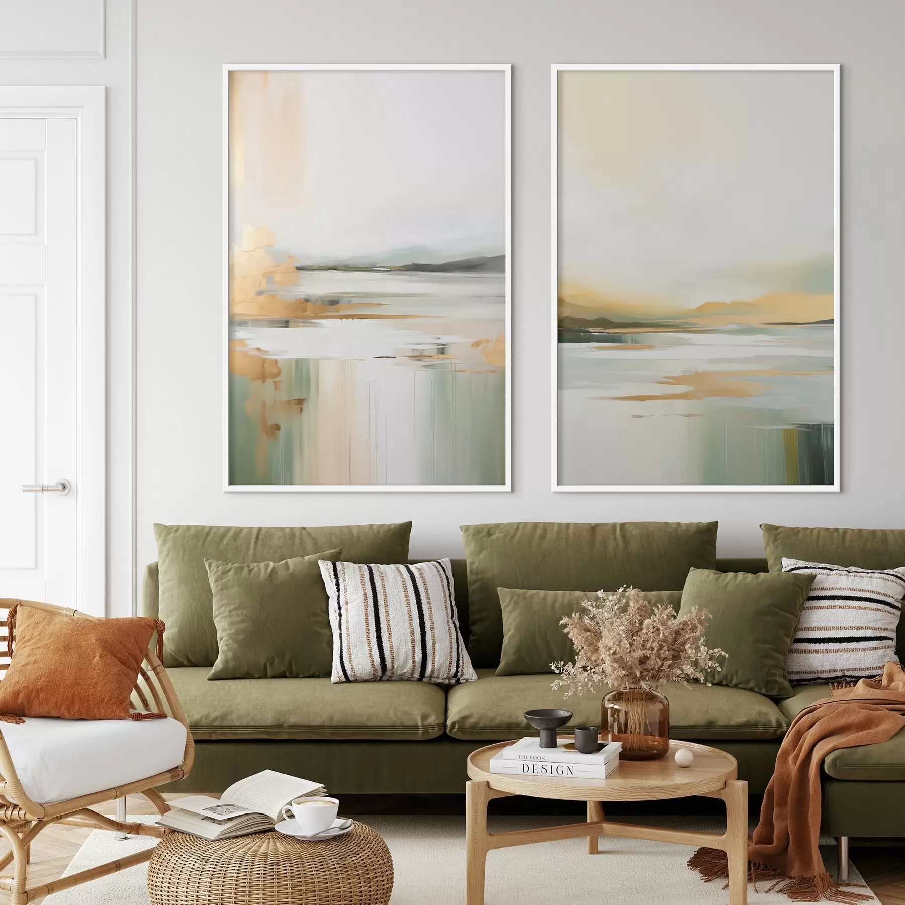 Fototapetes Abstrakts ainavas ar dzelteniem un zaļiem toņiem, ūdens, kas atspoguļo debesis un tālas kalnus, bāls, miglains debesis d01245