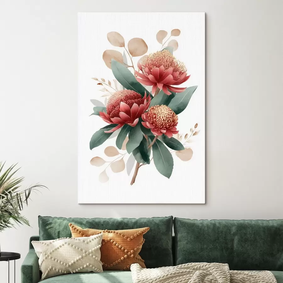 Glezna Izteiksmīgs proteju un dekoratīvo lapu pušķis modernā mākslas ilustrāciju stilā s46954