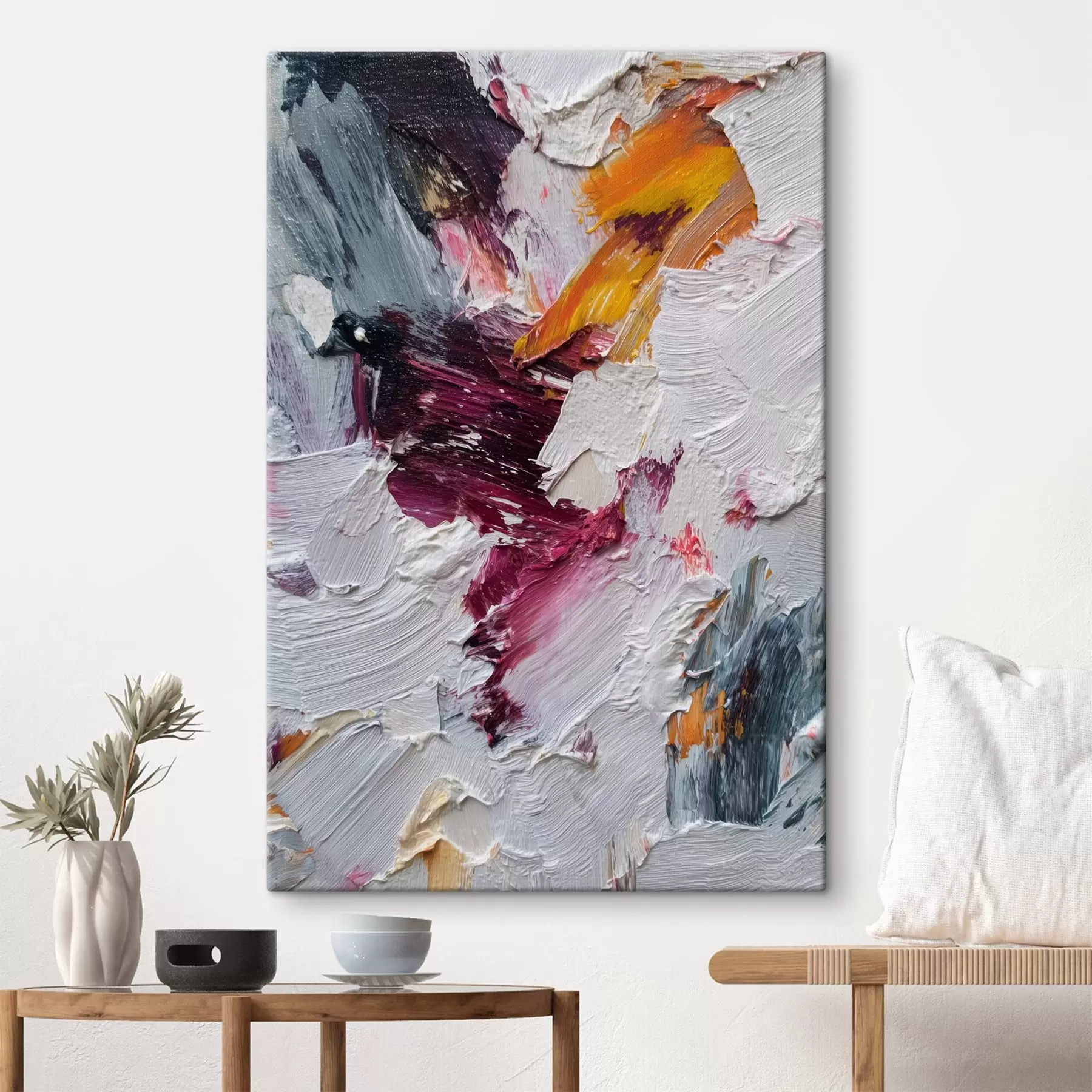 Glezna Abstrakta kompozīcija ar intensīvām ķiršu un apelsīnu krāsas triepieniem eļļas gleznas stilā s46959