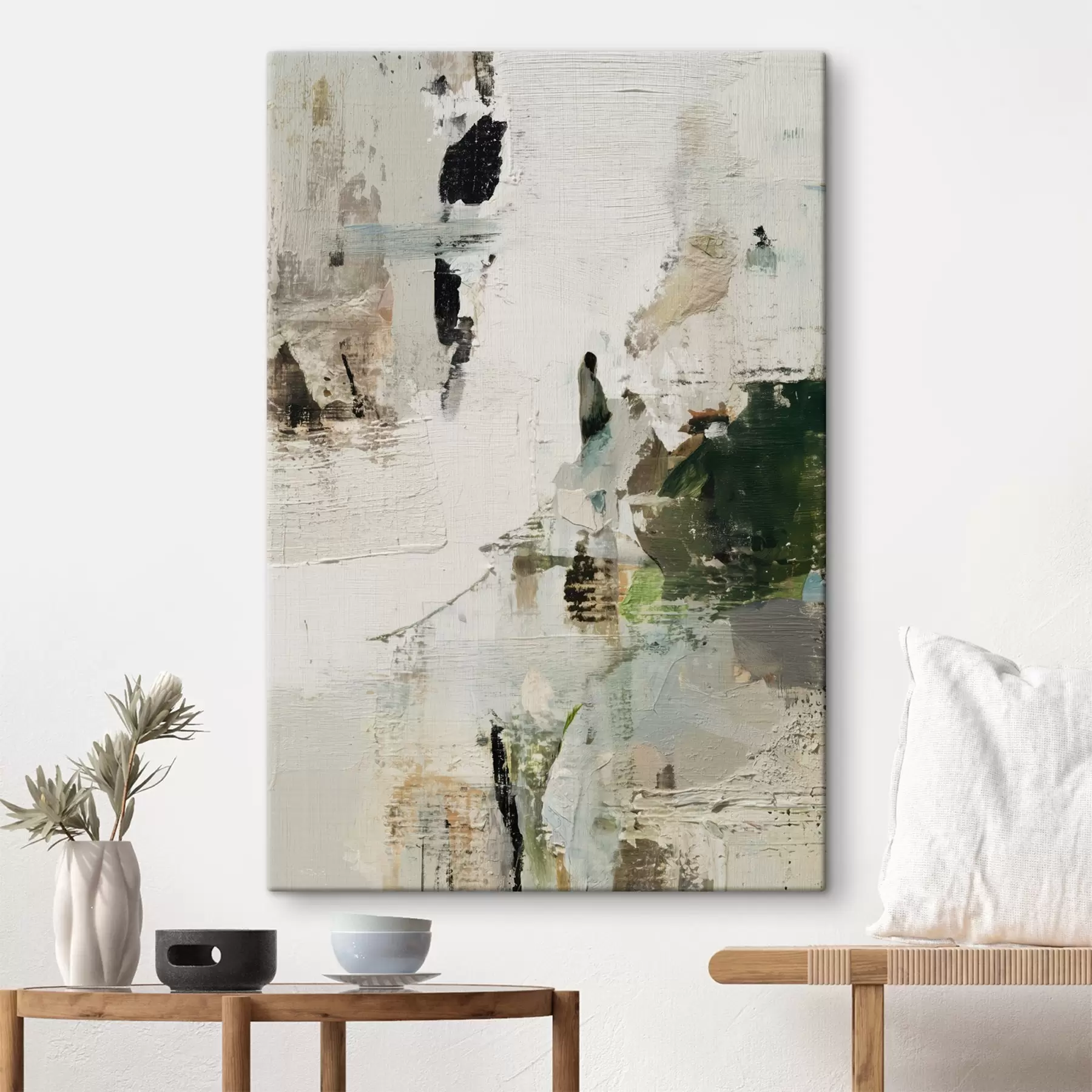 Glezna Abstrakta kompozīcija pasteļtoņos ar tumši zaļiem akcentiem eļļas glezniecības stilā s46960