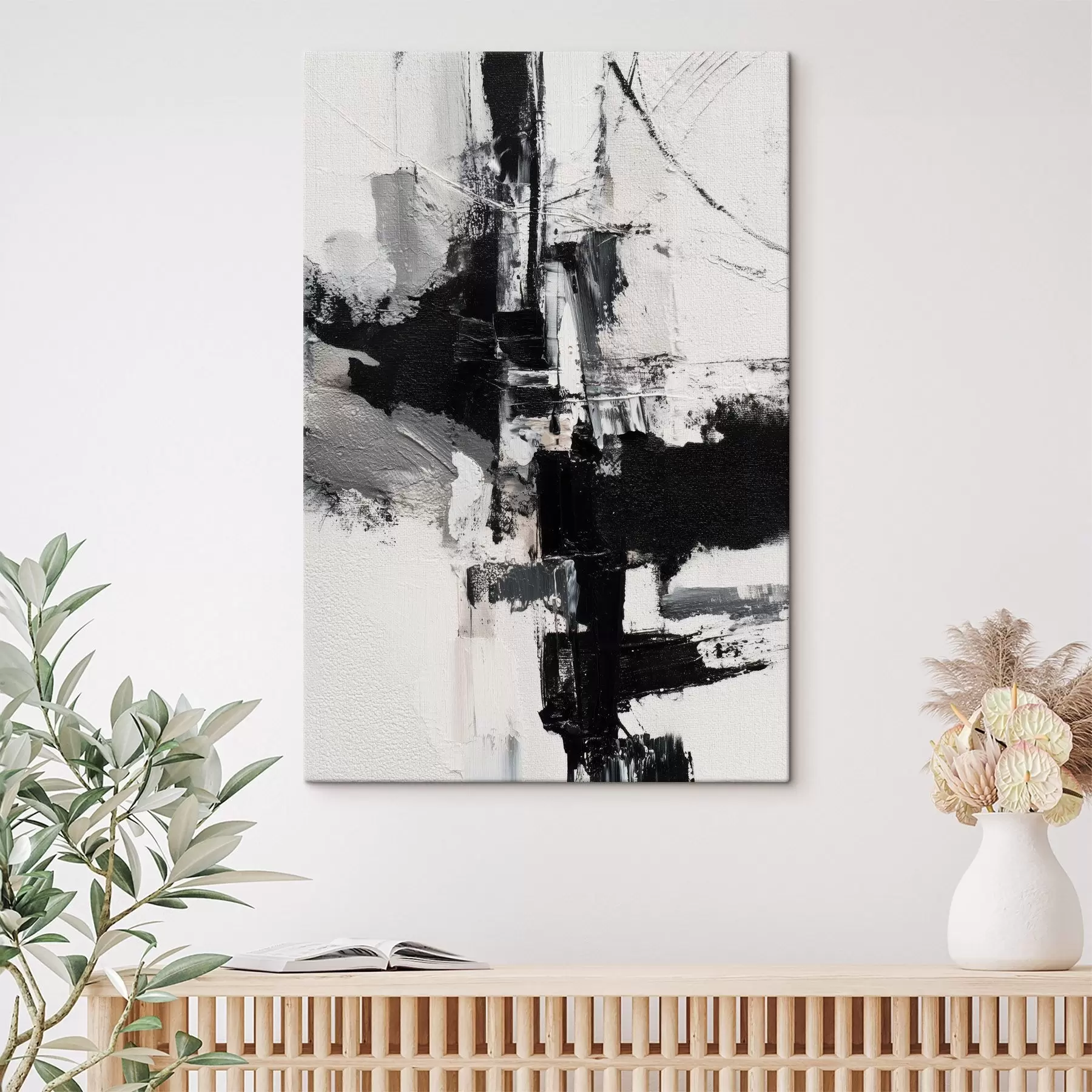 Glezna Teksturēta ilustrācija ar kontrastējošiem melniem un pelēkiem triepieniem eļļas gleznas stilā s47091