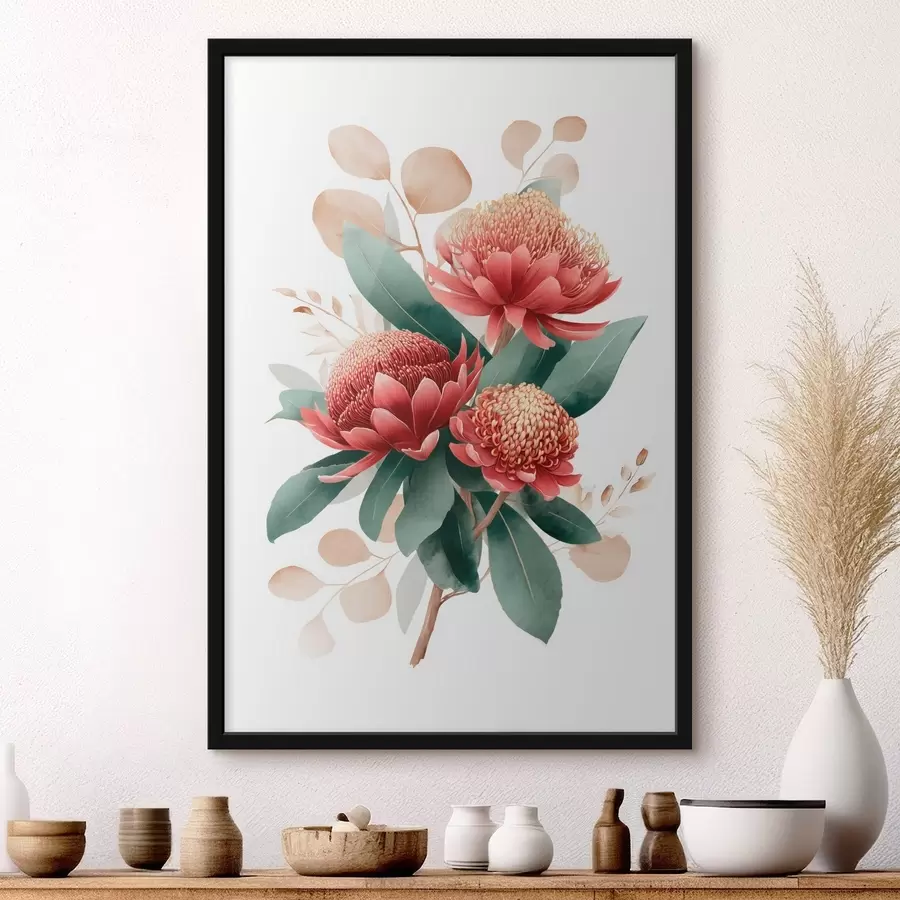 Fototapetes Izteiksmīgs proteju un dekoratīvo lapu pušķis modernā mākslas ilustrāciju stilā f46954