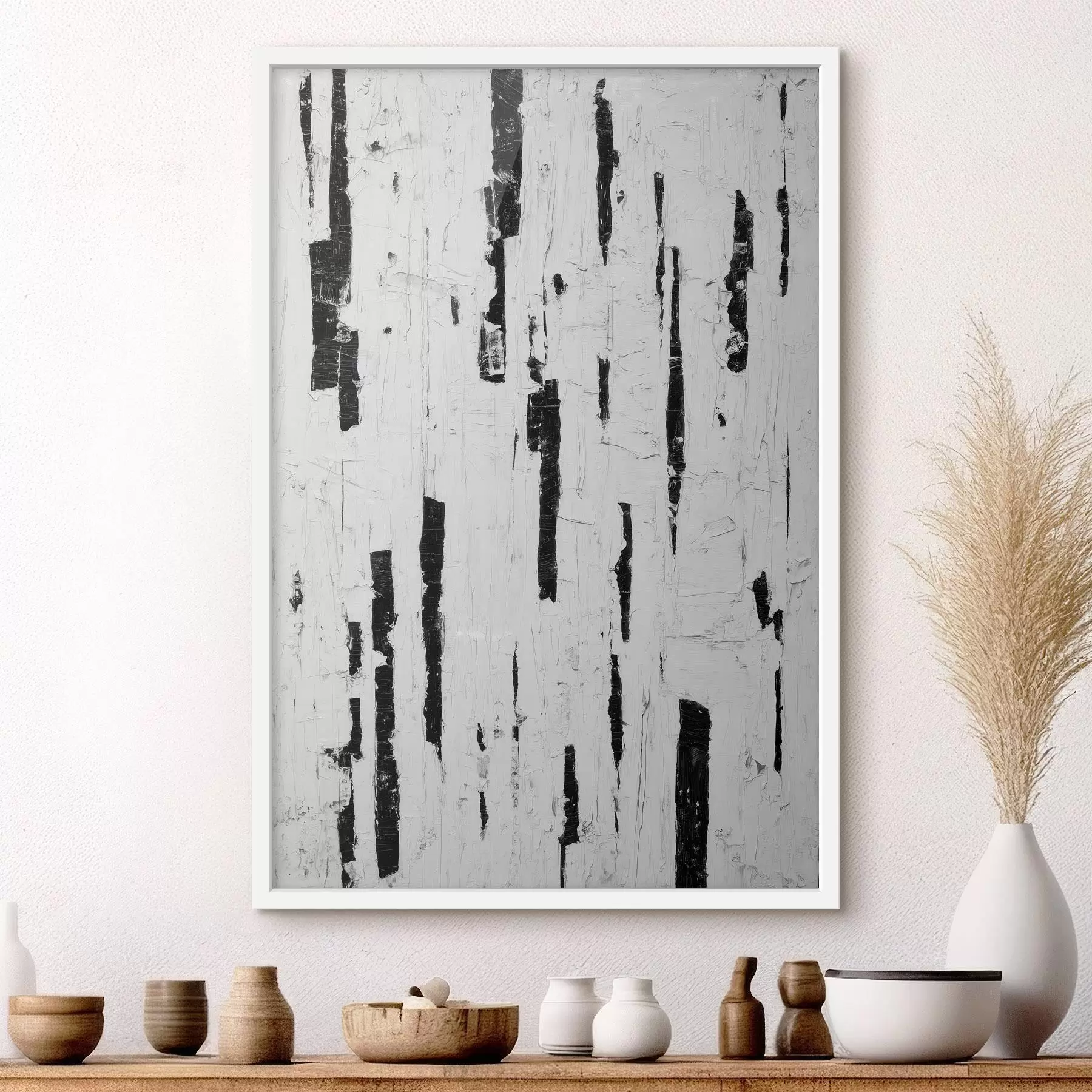 Fototapetes Abstrakta kompozīcija ar melniem vertikāliem triepieniem uz balta fona eļļas gleznas stilā f46956