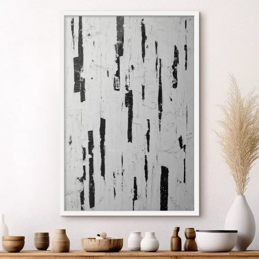 Fototapetes Abstrakta kompozīcija ar melniem vertikāliem triepieniem uz balta fona eļļas gleznas stilā f46956