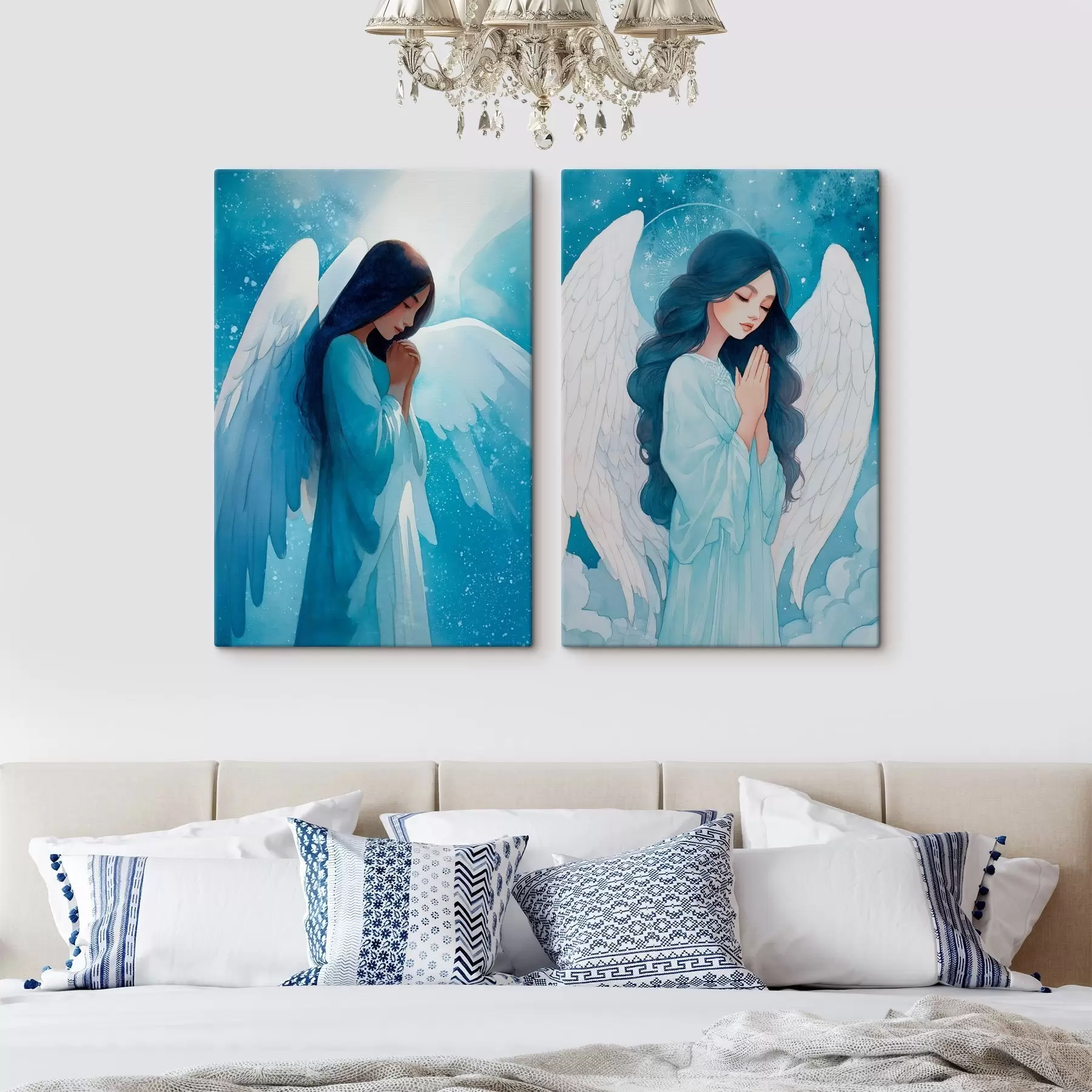 Glezna Mūsdienu sakrālā māksla akvareļu stilā ar sargājošā eņģeļa attēlu zilās drānās m01153