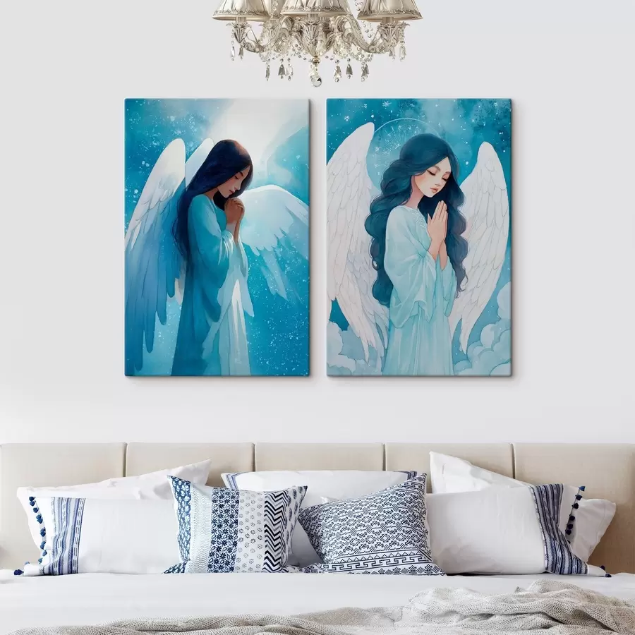 Glezna Mūsdienu sakrālā māksla akvareļu stilā ar sargājošā eņģeļa attēlu zilās drānās m01153