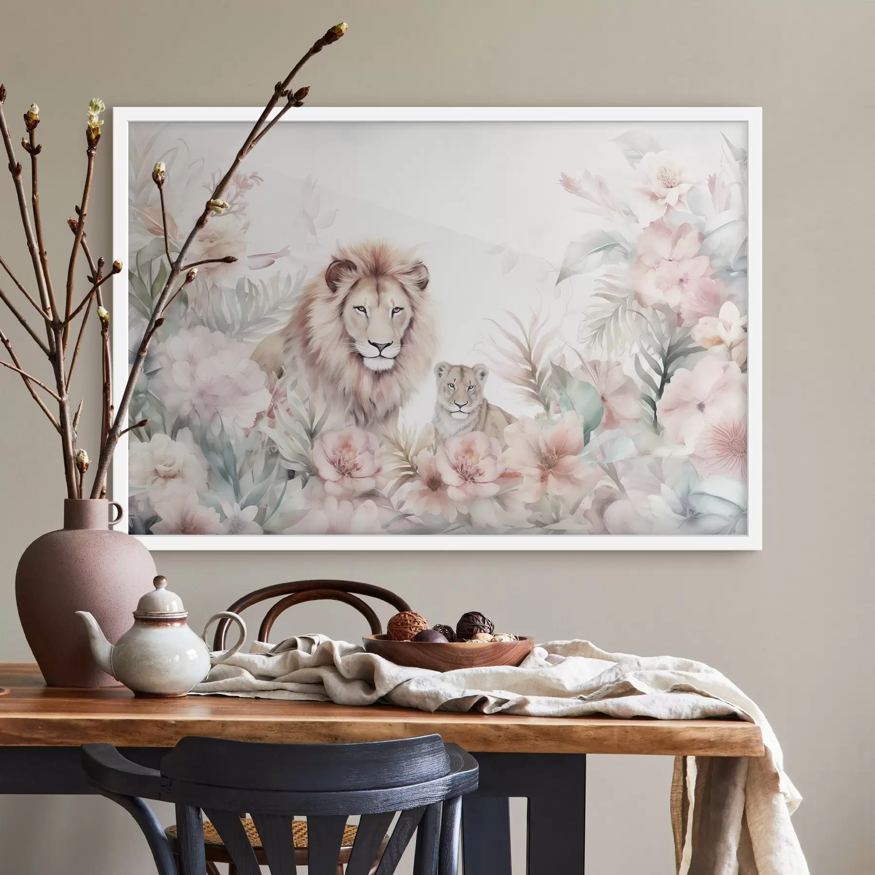 Fototapetes Lauvas tropu krūmājos, imitācija akvareļglezniecībā f47640