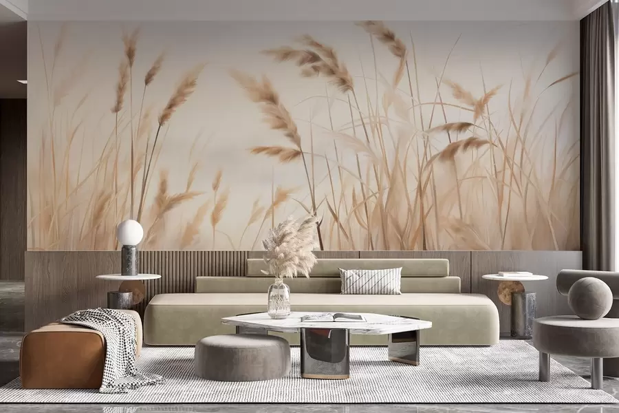 Fototapetes Augsta, teksturēta sausa zāle ar kviešu vārpām laukā uz maiga, gaiša fona w09648