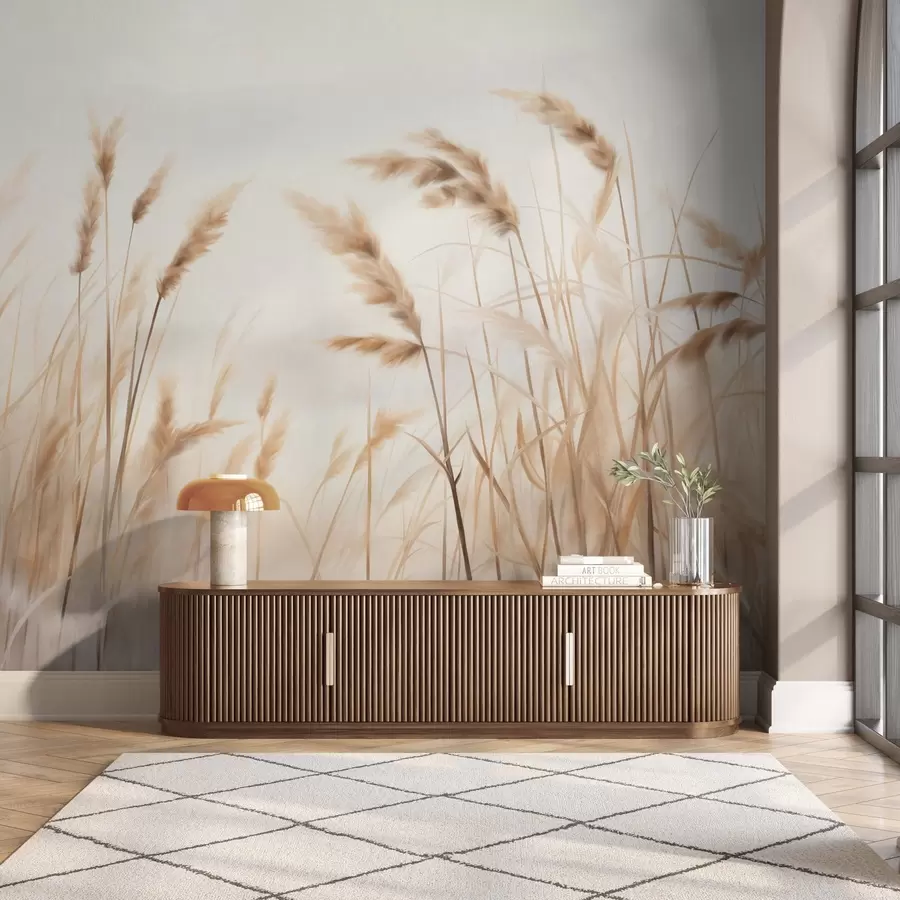 Fototapetes Augsta, teksturēta sausa zāle ar kviešu vārpām laukā uz maiga, gaiša fona w09648