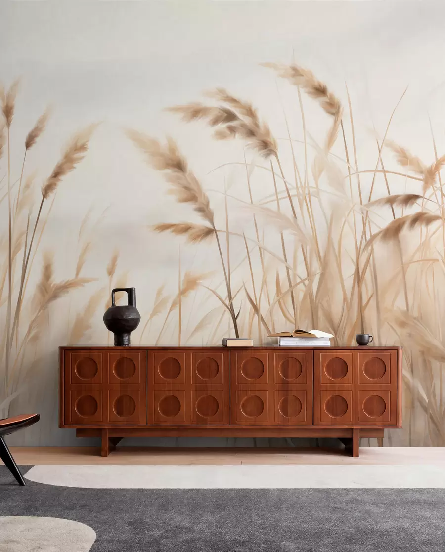Fototapetes Augsta, teksturēta sausa zāle ar kviešu vārpām laukā uz maiga, gaiša fona w09648