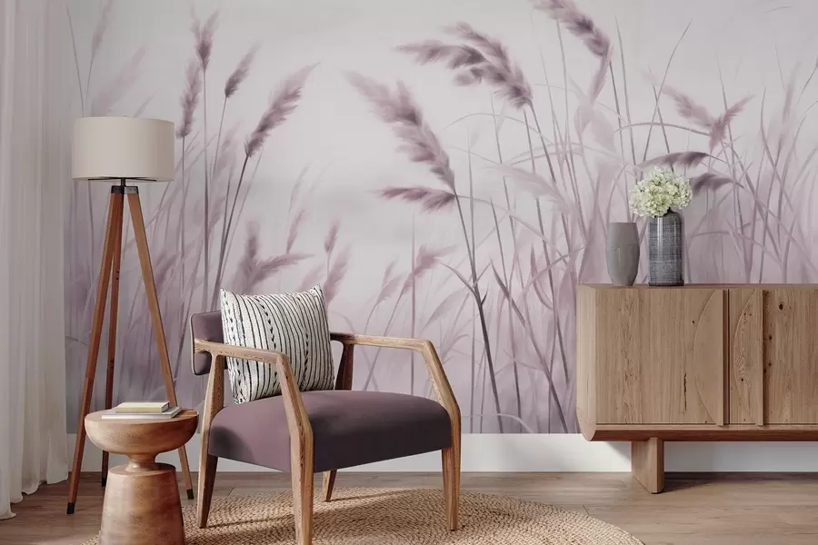 Fototapetes Augsta, teksturēta sausa zāle ar kviešu vārpām laukā uz maiga, gaiša fona w09648v2