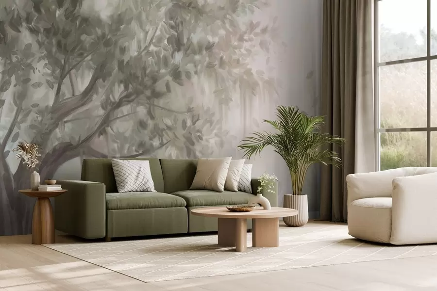 Fototapetes Teksturēts koks ar gaiši zaļām lapām un zariem, ar maigu, miglainu fonu w09650