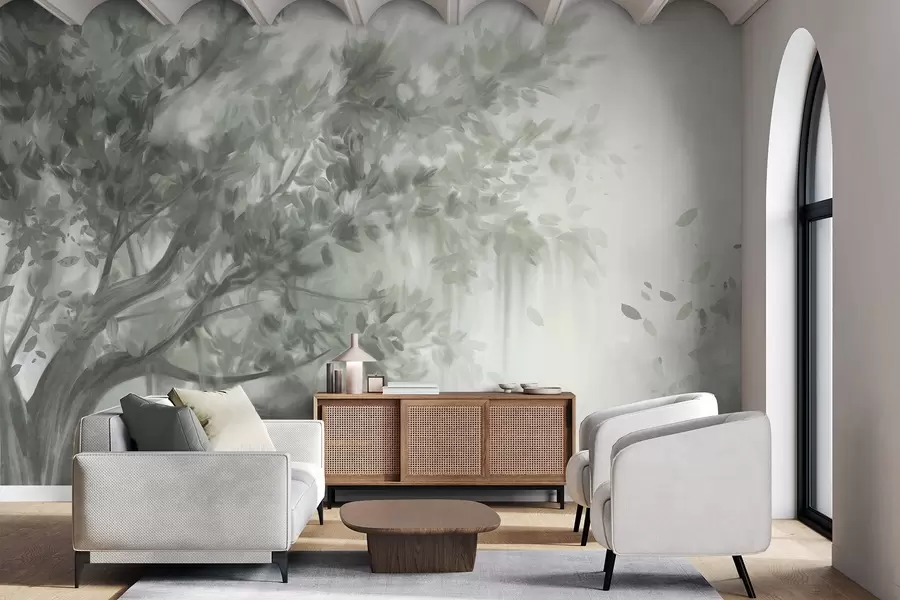 Fototapetes Teksturēts koks ar zaļām lapām un zariem, ar maigu, miglainu fonu w09650v1