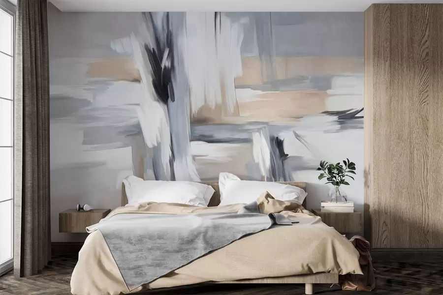 Fototapetes Abstrakts teksturēts glezniecības stils ar otu triepieniem baltā, pelēkā un smilškrāsā w09651