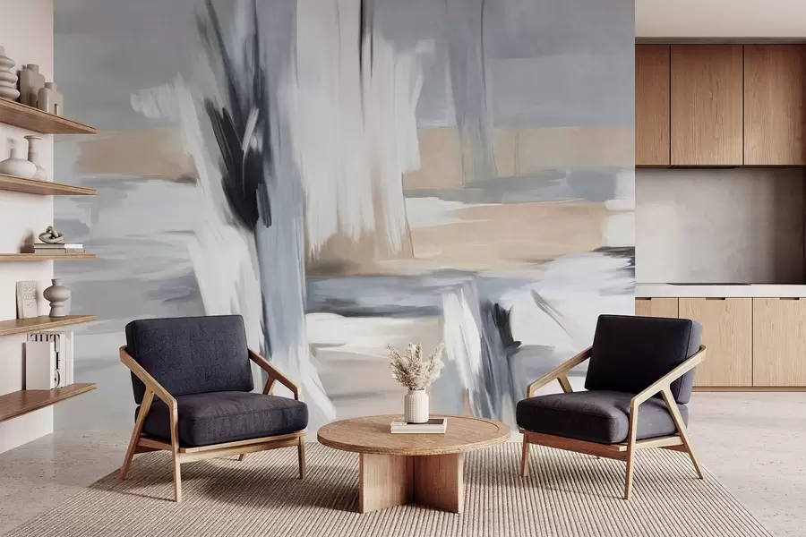 Fototapetes Abstrakts teksturēts glezniecības stils ar otu triepieniem baltā, pelēkā un smilškrāsā w09651