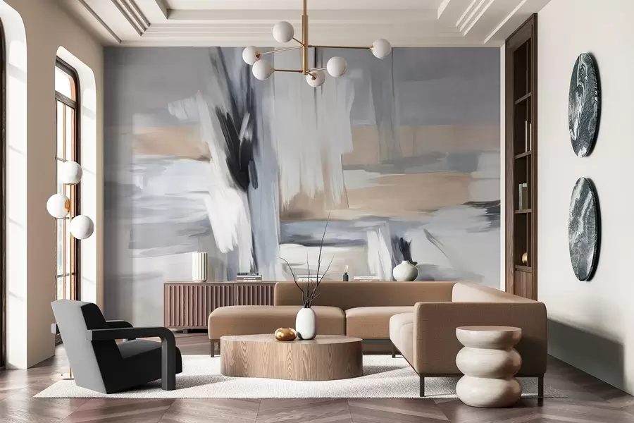 Fototapetes Abstrakts teksturēts glezniecības stils ar otu triepieniem baltā, pelēkā un smilškrāsā w09651