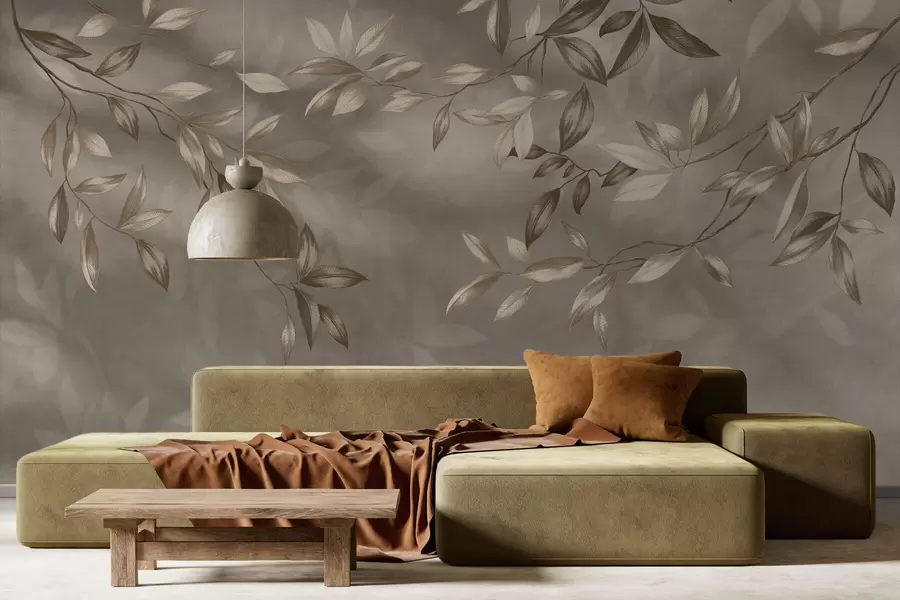 Fototapetes Delikātas lapu zaras smilškrāsas toņos uz gaiša fona w05113v2