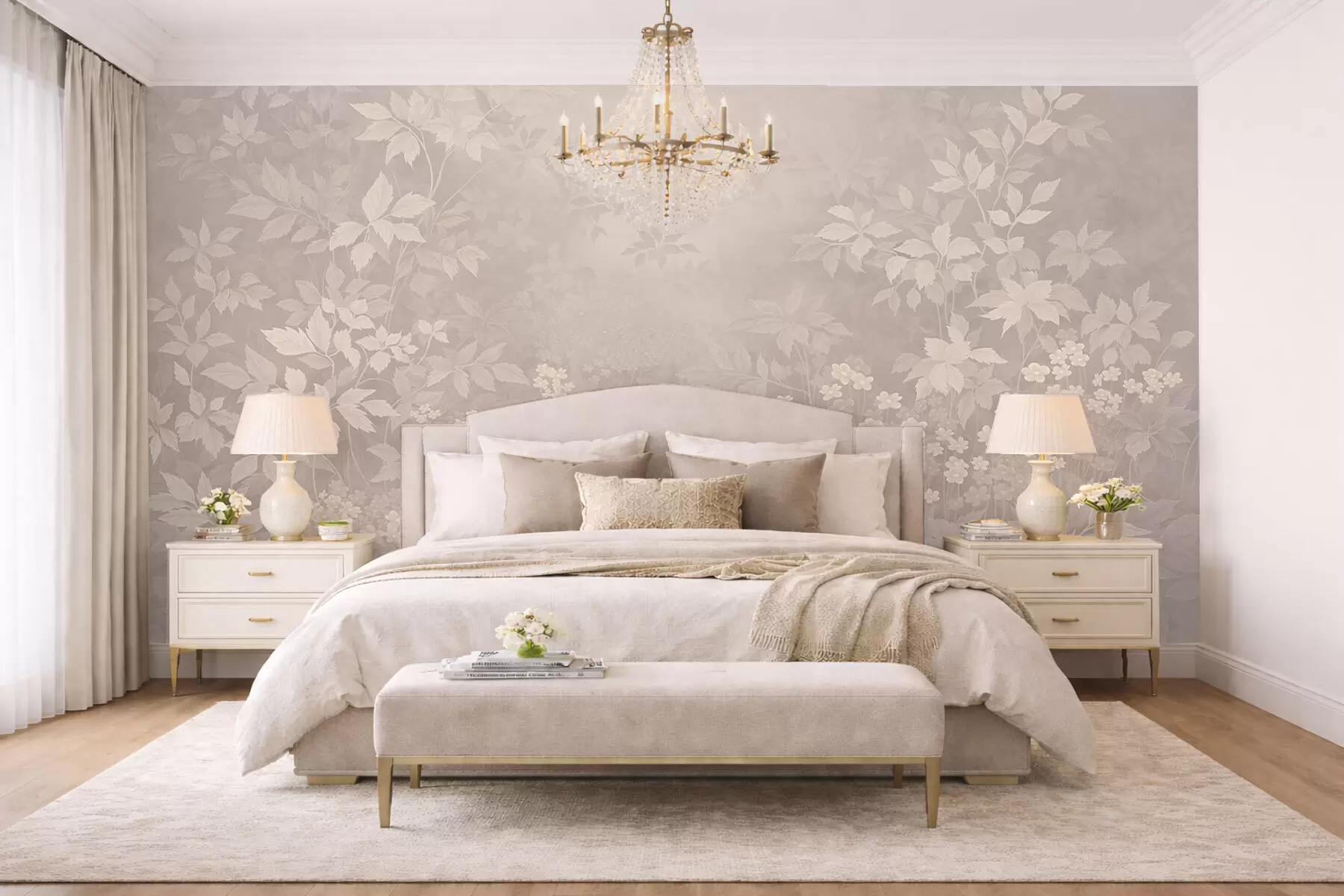 Fototapetes Viegli botāniski ornamenti ar lapām un maziem ziediem w05115