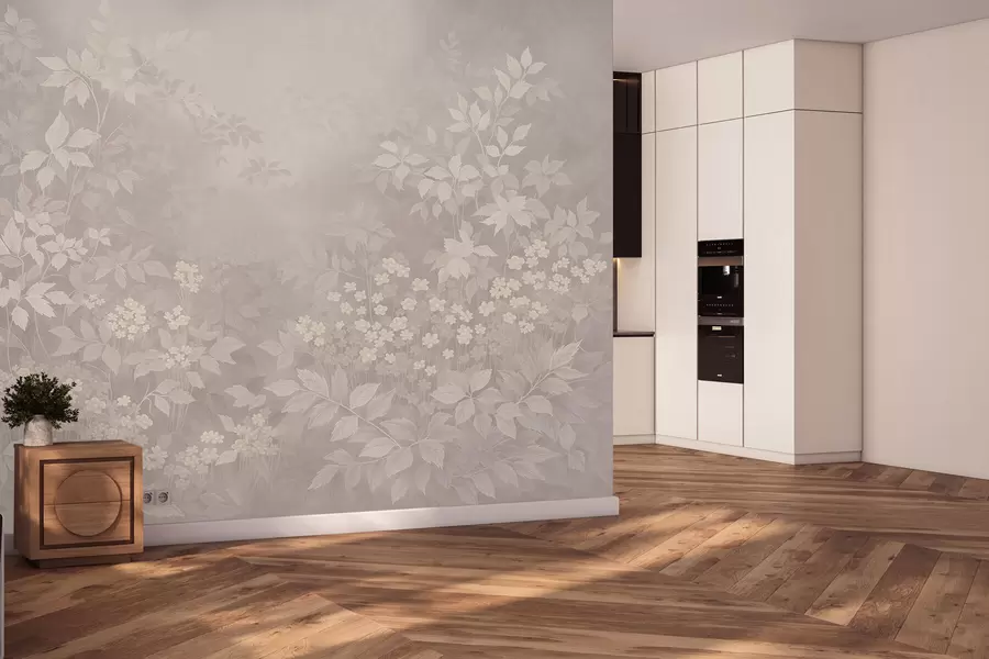 Fototapetes Viegli botāniski ornamenti ar lapām un maziem ziediem w05115