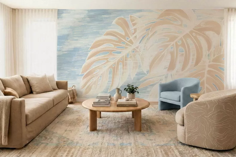 Fototapetes Abstraktas lapas siltos smilškrāsas toņos uz gaiša fona w05130