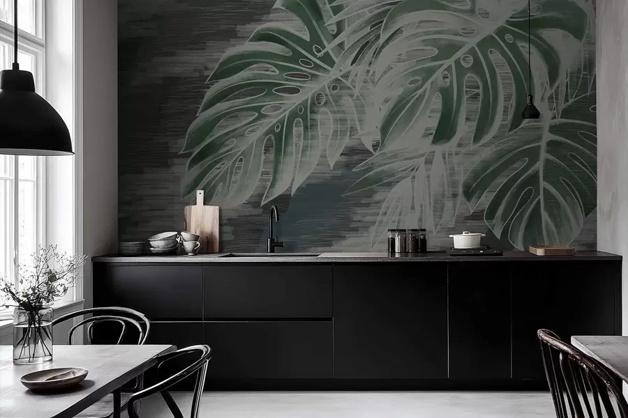 Fototapetes Tumši zaļas lapas uz teksturēta tumša fona w05130v4