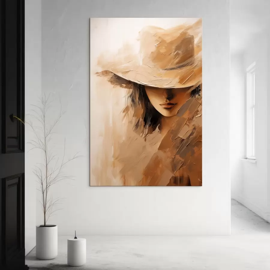 Glezna Sieviete cepurē ar teksturētiem, siltu krāsu triepieniem s47315