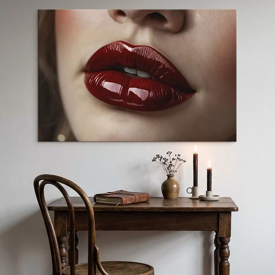 Glezna Ļoti tuvu uzņemts skats uz spīdīgām sarkanām lūpām s47772