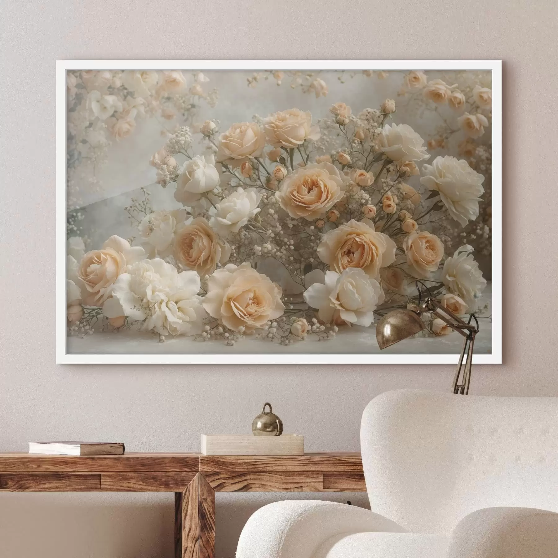 Fototapetes Delikātas krēmkrāsas rozes lielā kompozīcijā f47279