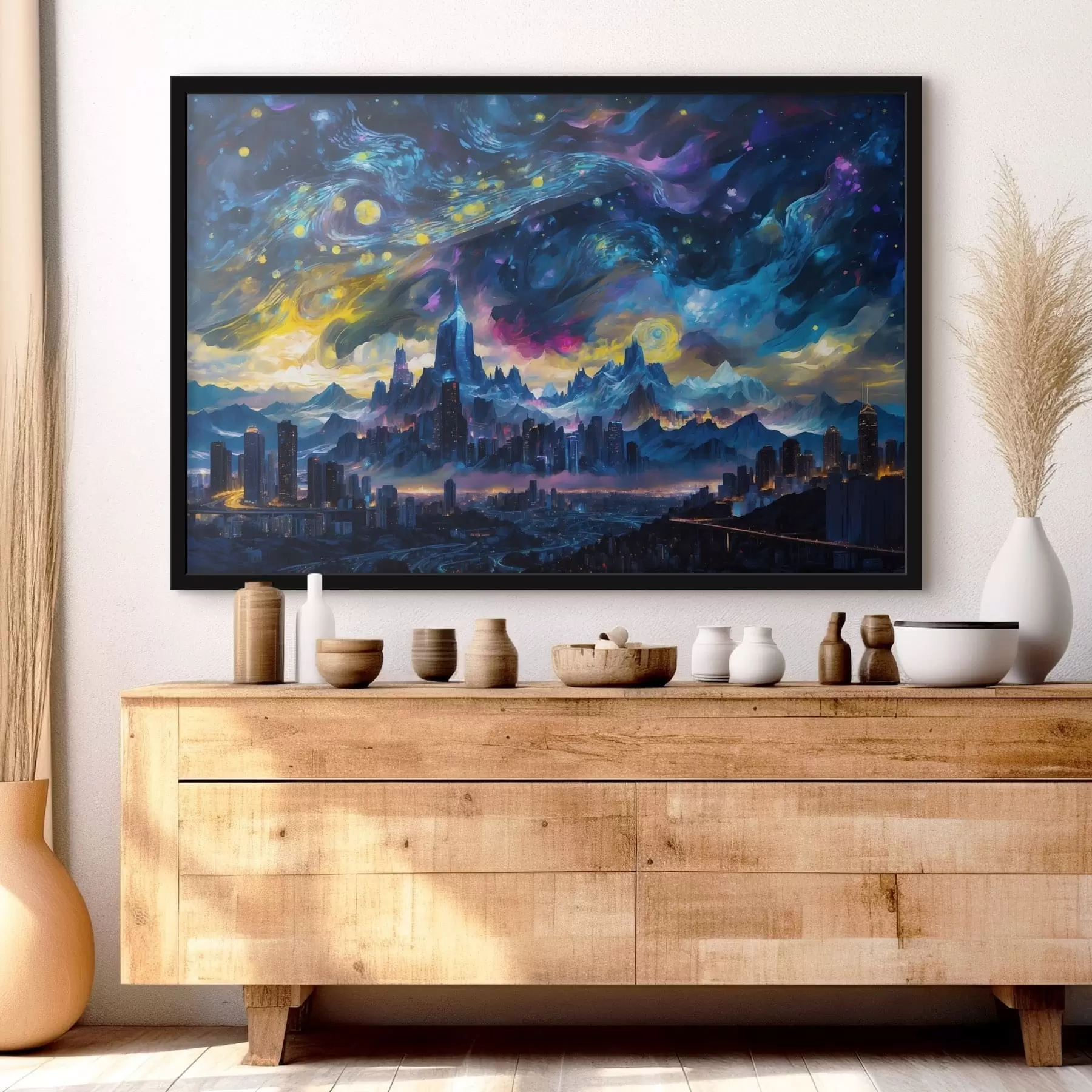 Fototapetes Fantāzijas pilsēta zem mirdzoša nakts debesīm f47288