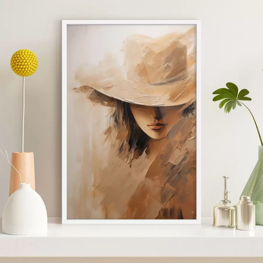 Fototapetes Sieviete cepurē ar teksturētiem, siltu krāsu triepieniem f47315